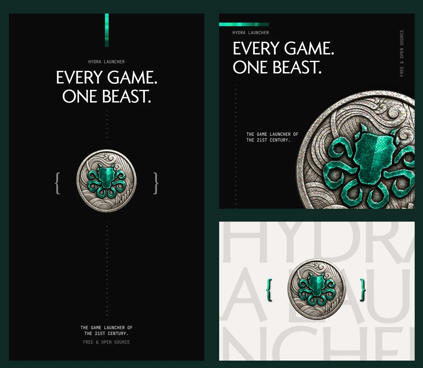 Identidade visual: medalha com polvo verde em peças de fundo escuro e claro