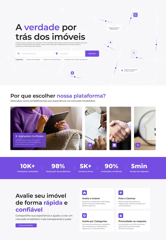 Landing page de avaliação de imóveis, com busca, benefícios e números