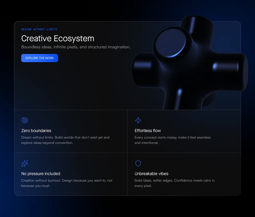 Seção de site: título, botão e quatro blocos de benefícios sobre fundo escuro com objeto 3D azul